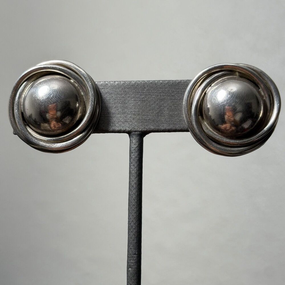 Vintage Taxco Mexico Chunky Clip On Sterling Silver Earrings